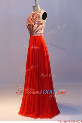 Popular Scoop Sleeveless Floor Length Beading and Pleated Side Zipper Prom Dresses with Coral Red