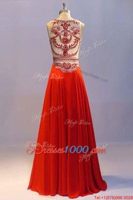 Popular Scoop Sleeveless Floor Length Beading and Pleated Side Zipper Prom Dresses with Coral Red