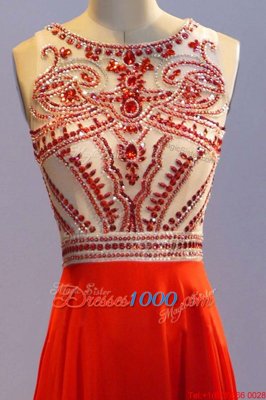 Popular Scoop Sleeveless Floor Length Beading and Pleated Side Zipper Prom Dresses with Coral Red