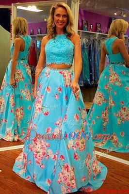 Halter Top Lace and Embroidery Homecoming Dress Aqua Blue Zipper Sleeveless Sweep Train