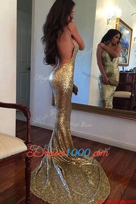 Perfect Mermaid V-neck Sleeveless Prom Evening Gown With Train Sweep Train Sequins Gold Sequined