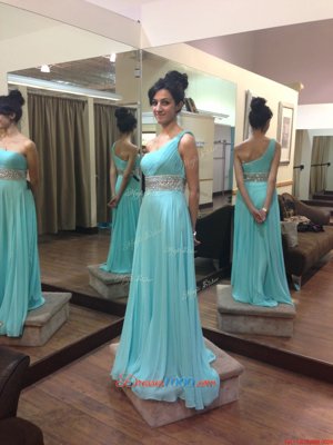 Beautiful One Shoulder Sleeveless Beading Zipper Prom Dresses with Baby Blue Sweep Train