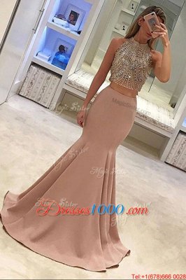 Mermaid Scoop With Train Zipper Peach and In for Prom with Beading Sweep Train