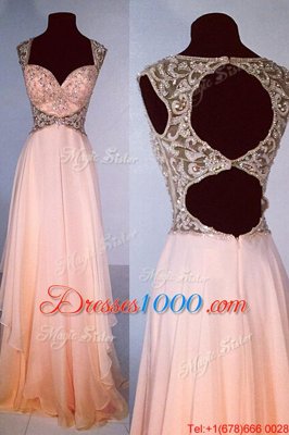 Perfect Chiffon V-neck Sleeveless Zipper Beading Prom Party Dress in Peach