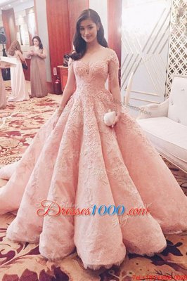 With Train Pink Prom Gown Sweetheart Short Sleeves Sweep Train Zipper