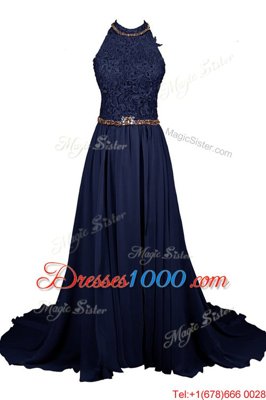 Top Selling Chiffon and Lace Halter Top Sleeveless Zipper Beading Homecoming Dress in Navy Blue