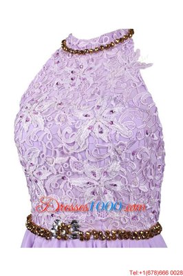 Top Selling Chiffon and Lace Halter Top Sleeveless Zipper Beading Homecoming Dress in Navy Blue