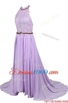 Top Selling Chiffon and Lace Halter Top Sleeveless Zipper Beading Homecoming Dress in Navy Blue