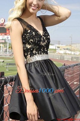 Black Sleeveless Mini Length Beading and Appliques Zipper Prom Party Dress
