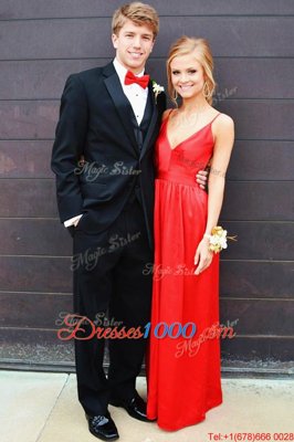 Best Selling Red Chiffon Backless Junior Homecoming Dress Sleeveless Floor Length Ruching