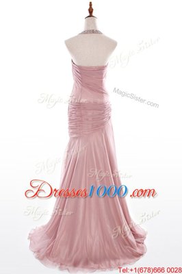 Extravagant Organza and Taffeta Halter Top Sleeveless Brush Train Side Zipper Beading Prom Evening Gown in Pink