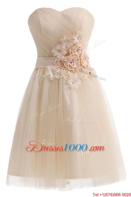 Designer Sleeveless Tulle Knee Length Lace Up Dress for Prom in Champagne for with Beading and Hand Made Flower