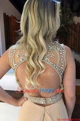 Luxurious Champagne Mermaid Chiffon Scoop Sleeveless Beading Backless Prom Dress Sweep Train