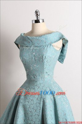 Blue Lace Zipper Scoop Sleeveless Knee Length Homecoming Dress Ruching