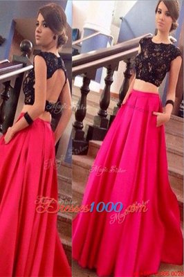 Brush Train A-line Prom Gown Pink And Black Scoop Satin Short Sleeves Backless