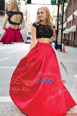 Brush Train A-line Prom Gown Pink And Black Scoop Satin Short Sleeves Backless