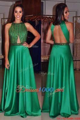 Glittering Scoop Sleeveless Satin Floor Length Backless in Green for with Beading