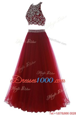 Elegant Halter Top Burgundy Sleeveless Tulle Zipper Evening Outfits for Prom and Party