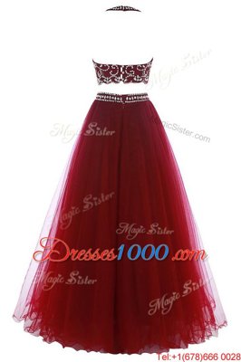 Elegant Halter Top Burgundy Sleeveless Tulle Zipper Evening Outfits for Prom and Party