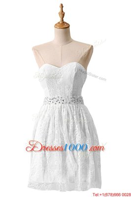 Lovely Lace Sleeveless Knee Length Beading Zipper Teens Party Dress with White