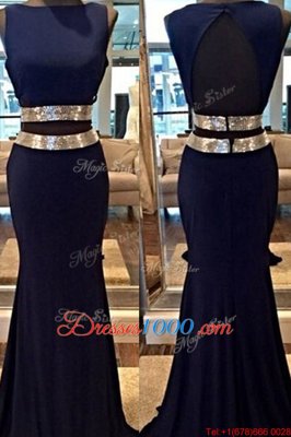 Mermaid Navy Blue Elastic Woven Satin Backless Prom Evening Gown Sleeveless Floor Length Sequins