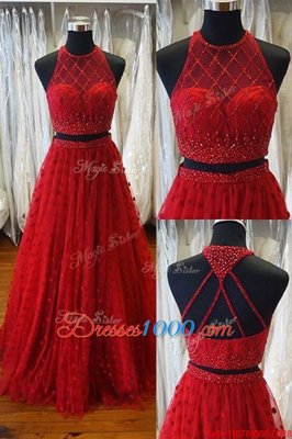 Excellent Scoop A-line Sleeveless Red Prom Gown Sweep Train Backless