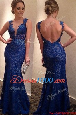 Top Selling Blue Prom Dress Prom and Party and For with Lace V-neck Sleeveless Brush Train Backless