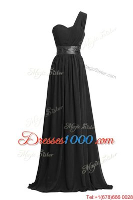 Black Column/Sheath Chiffon One Shoulder Sleeveless Ruching and Belt Floor Length Zipper Homecoming Dress