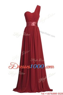 Black Column/Sheath Chiffon One Shoulder Sleeveless Ruching and Belt Floor Length Zipper Homecoming Dress