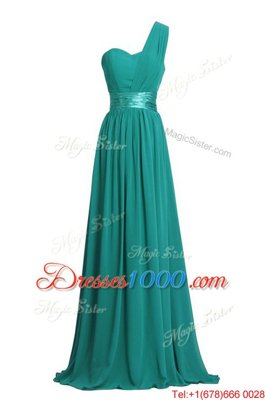 Black Column/Sheath Chiffon One Shoulder Sleeveless Ruching and Belt Floor Length Zipper Homecoming Dress