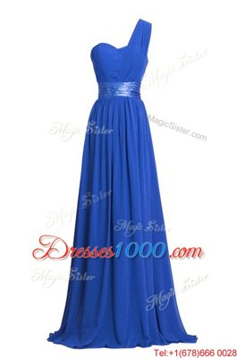 Black Column/Sheath Chiffon One Shoulder Sleeveless Ruching and Belt Floor Length Zipper Homecoming Dress