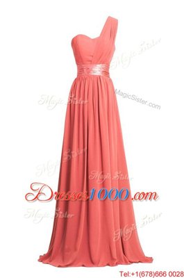 Black Column/Sheath Chiffon One Shoulder Sleeveless Ruching and Belt Floor Length Zipper Homecoming Dress