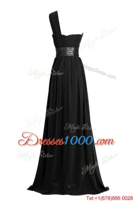 Black Column/Sheath Chiffon One Shoulder Sleeveless Ruching and Belt Floor Length Zipper Homecoming Dress