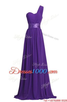 Black Column/Sheath Chiffon One Shoulder Sleeveless Ruching and Belt Floor Length Zipper Homecoming Dress
