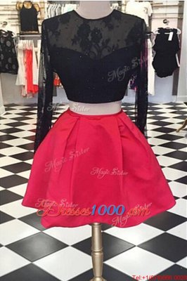 Scoop Red And Black Satin and Lace Zipper Prom Dresses Long Sleeves Knee Length Lace