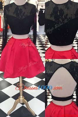 Scoop Red And Black Satin and Lace Zipper Prom Dresses Long Sleeves Knee Length Lace