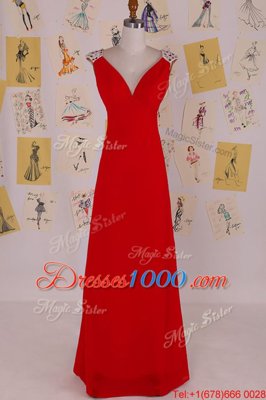 Smart Red V-neck Neckline Beading Evening Dress Sleeveless Backless