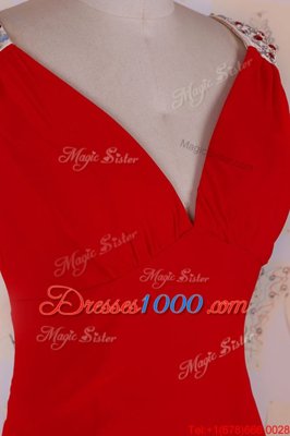 Smart Red V-neck Neckline Beading Evening Dress Sleeveless Backless