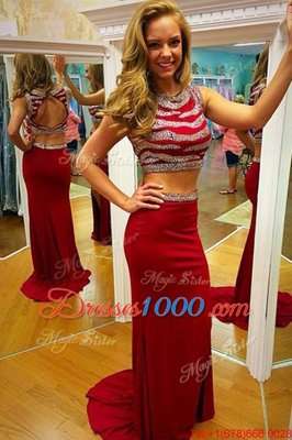 Scoop Empire Sleeveless Red Prom Dress Brush Train Zipper