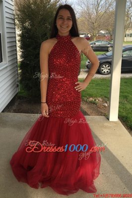 Spectacular Mermaid Red Sleeveless Sequins Floor Length Pageant Dresses