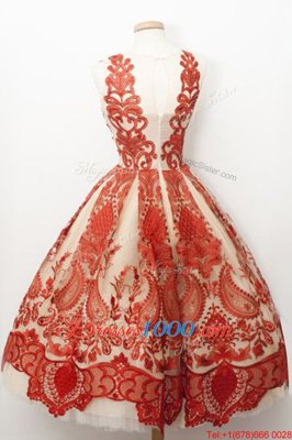 Perfect A-line Prom Evening Gown Red Square Tulle Sleeveless Tea Length Zipper