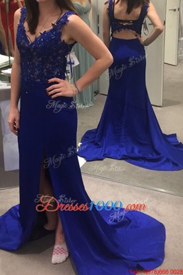 Graceful Royal Blue Sleeveless Satin Sweep Train Backless Prom Party Dress for Prom and Party