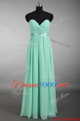Modern Sleeveless Chiffon Floor Length Zipper Prom Evening Gown in Apple Green for with Ruching