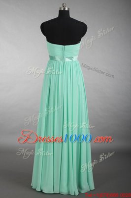 Modern Sleeveless Chiffon Floor Length Zipper Prom Evening Gown in Apple Green for with Ruching