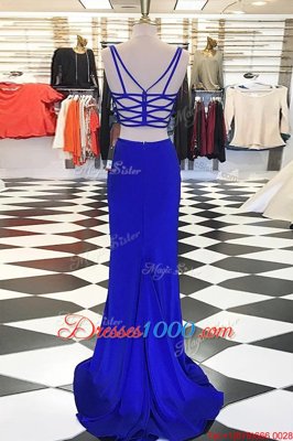 Most Popular Scoop With Train Royal Blue Evening Dress Elastic Woven Satin Sweep Train Sleeveless Ruching