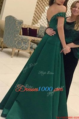 Dark Green Off The Shoulder Zipper Beading Prom Evening Gown Short Sleeves