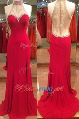 Dramatic Halter Top Floor Length Mermaid Sleeveless Red Prom Dresses Zipper