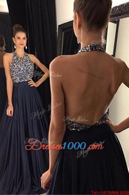 Halter Top Sleeveless Sweep Train Backless With Train Beading Prom Dress