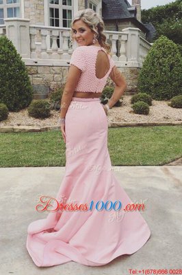 Flare Mermaid Scoop Sleeveless Sweep Train Backless Prom Dresses Rose Pink Satin