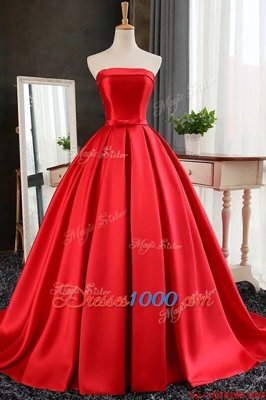 Pleated Red Sleeveless Satin Sweep Train Lace Up Prom Dress for Prom and Party